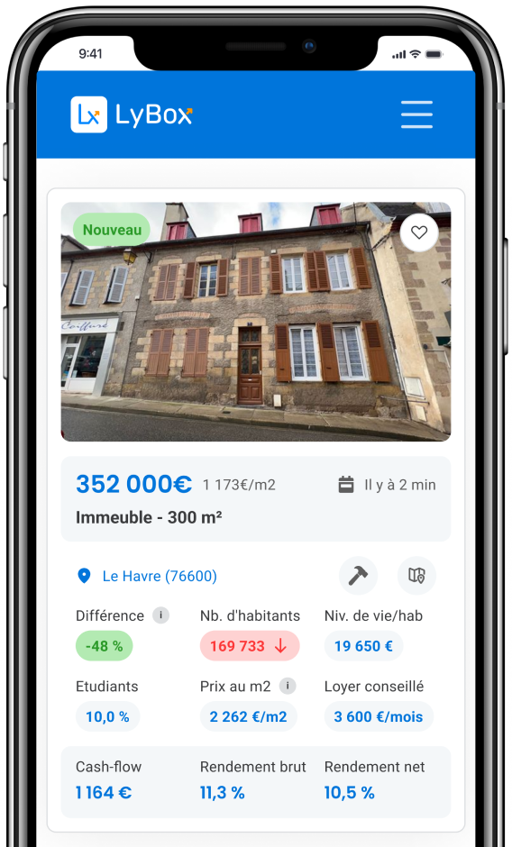 Application mobile LyBox affichant une annonce avec écart au prix du marché, loyer conseillé et rendements