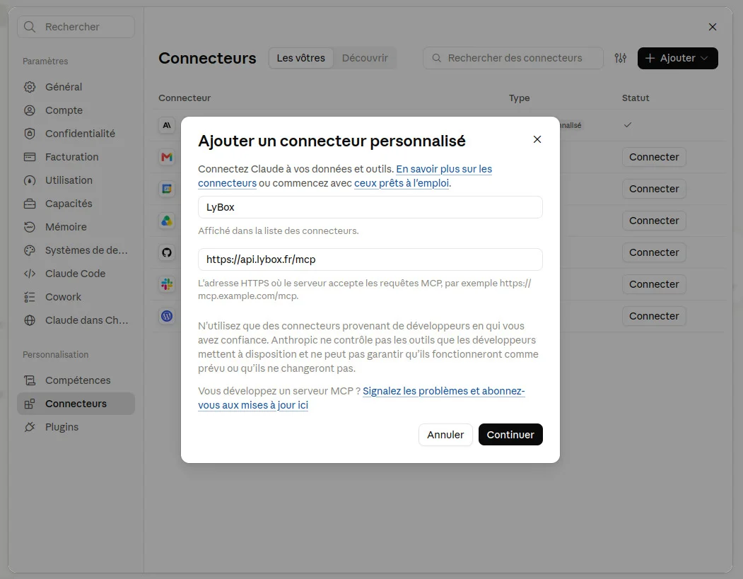 Ajouter un connecteur personnalisé LyBox dans Claude