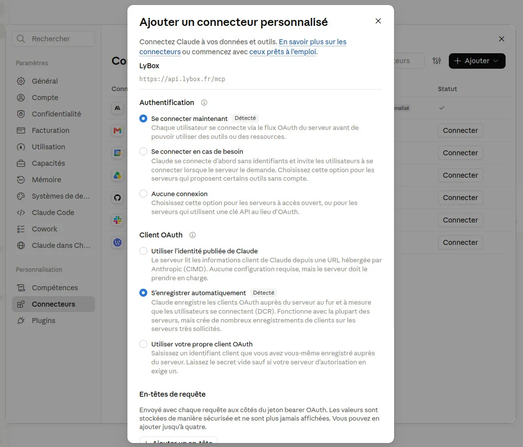 Options d'authentification du connecteur LyBox