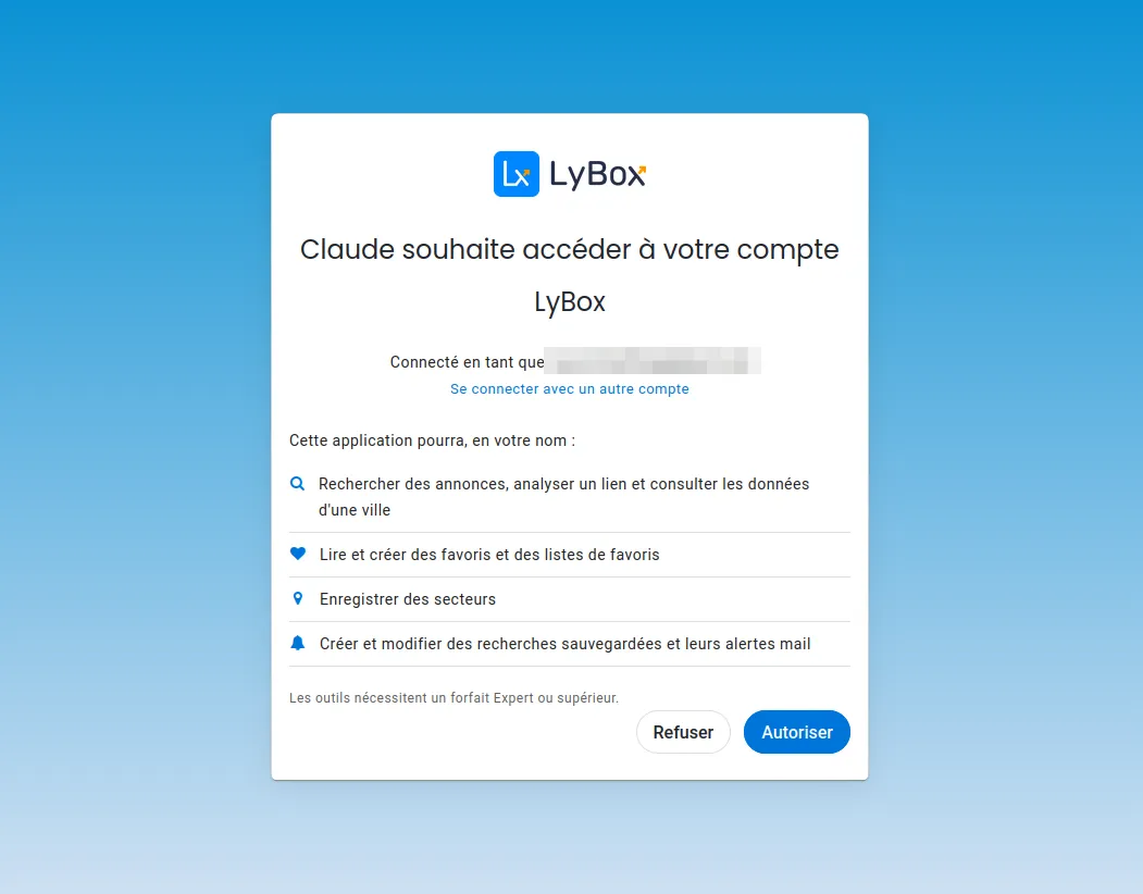 Page d'autorisation LyBox : Claude souhaite accéder à votre compte
