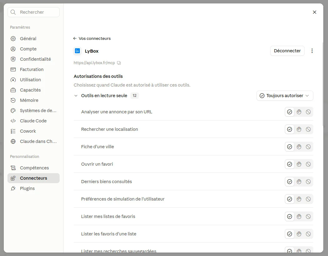 Autorisations des outils du connecteur LyBox