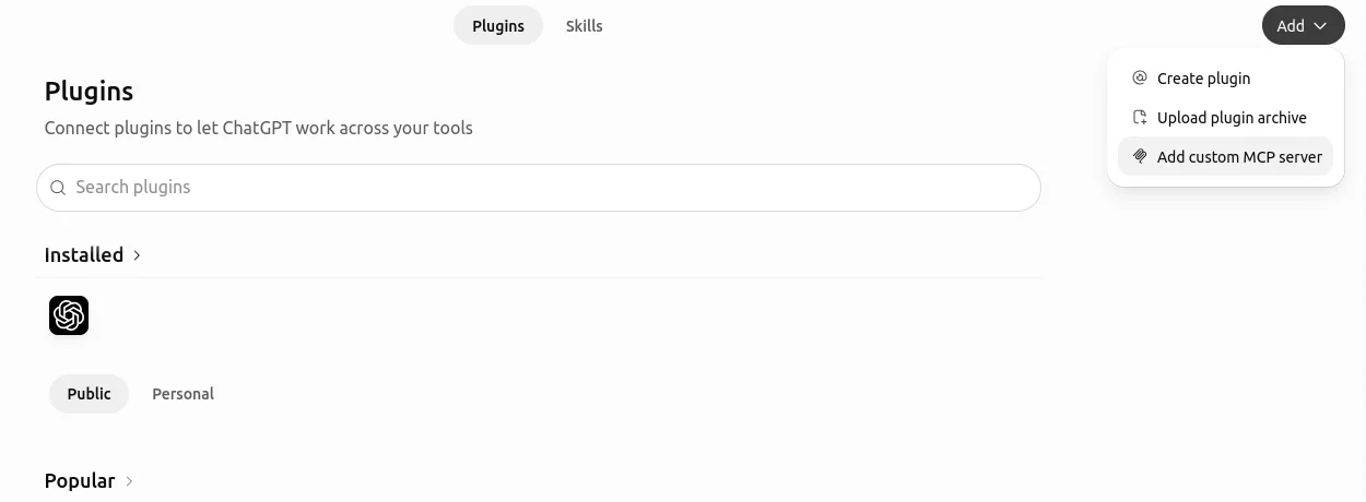 Menu Add de la page Plugins de ChatGPT : Add custom MCP server