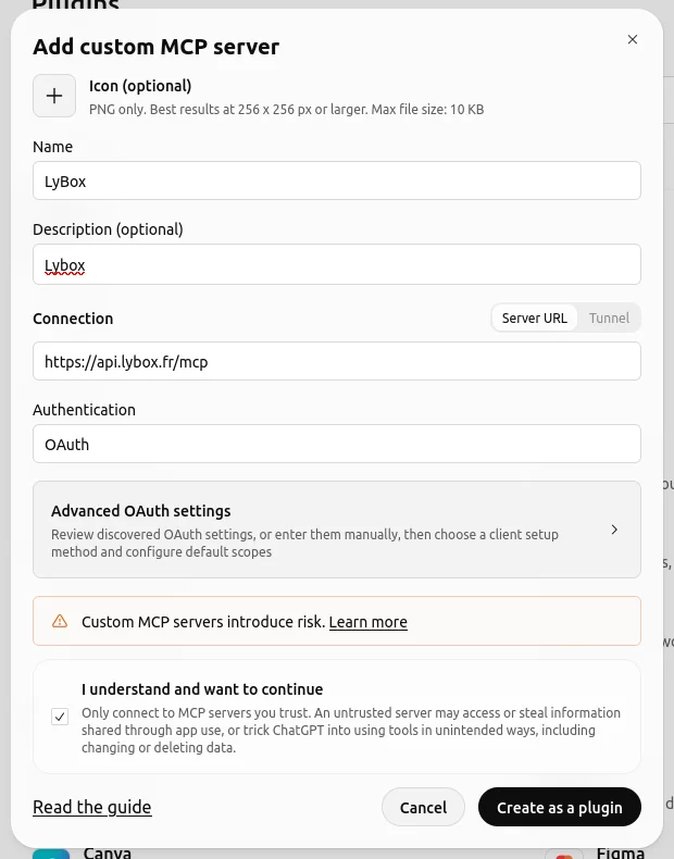 Formulaire Add custom MCP server rempli avec l'URL du serveur LyBox