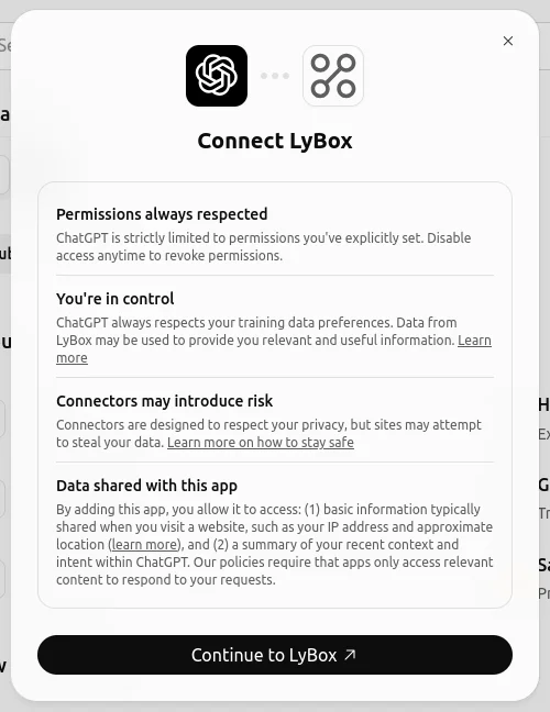 Fenêtre Connect LyBox de ChatGPT
