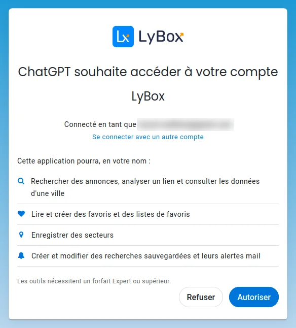 Page d'autorisation LyBox : ChatGPT souhaite accéder à votre compte