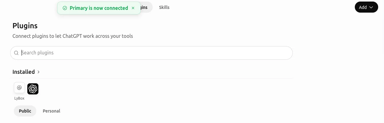LyBox dans les plugins installés de ChatGPT