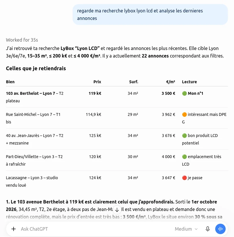 ChatGPT analyse les dernières annonces d'une recherche sauvegardée LyBox